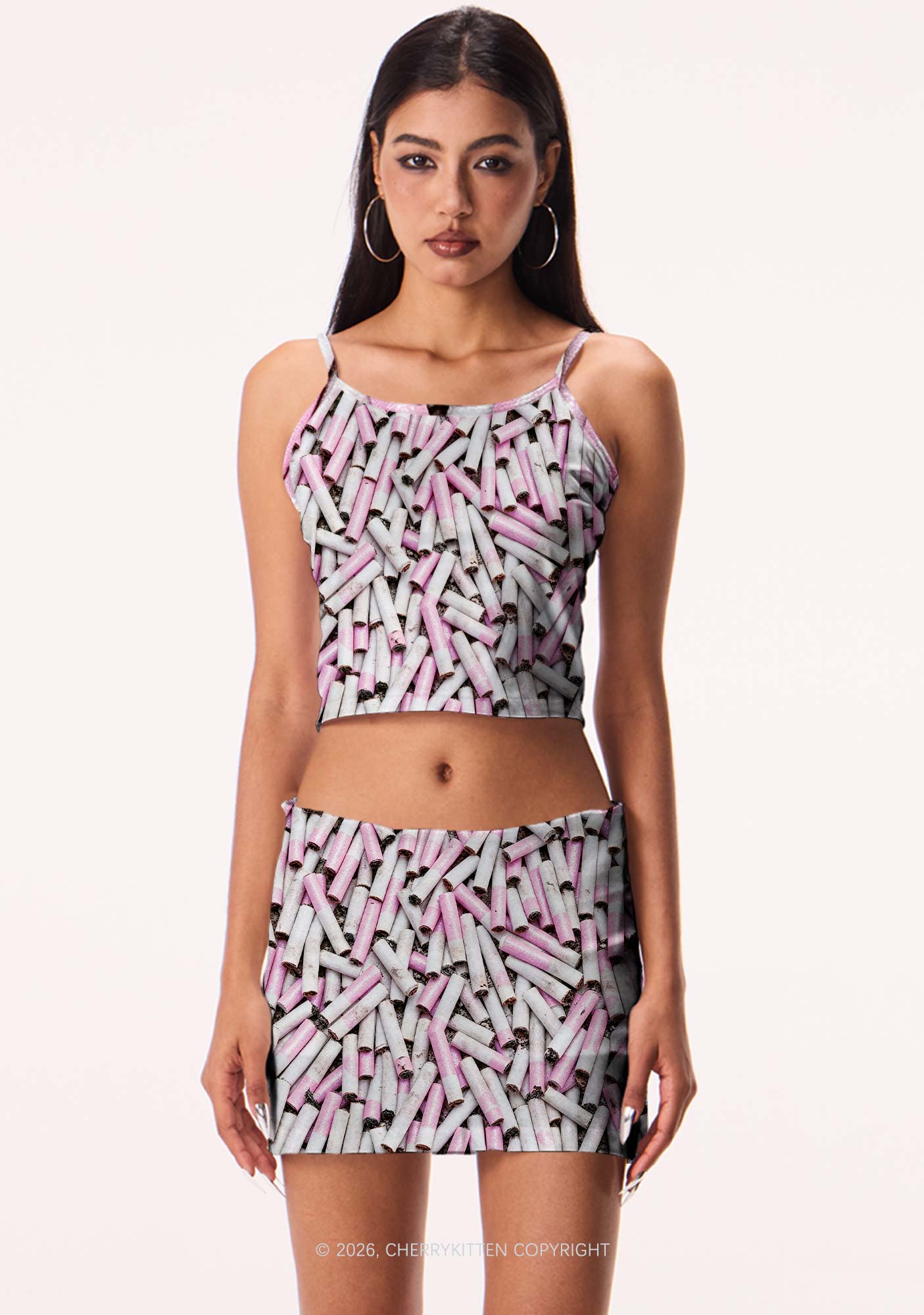 Pink White Cigarette Y2K Print Mini Skirt Cherrykitten