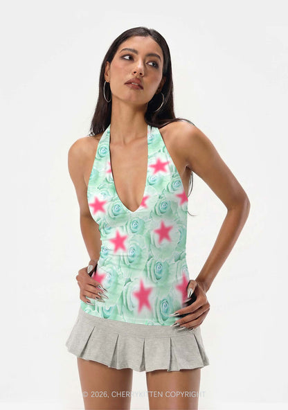 Mint Green Rose Pink Star Y2K Print Halter Deep V Neck Cami Cherrykitten