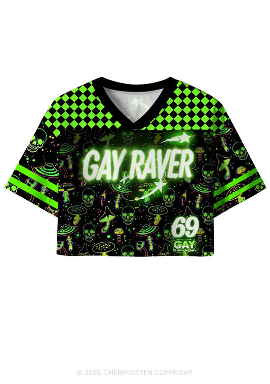 Neon Mushroom Skull Gay Raver Y2K Crop Sport Jersey Shirts Cherrykitten