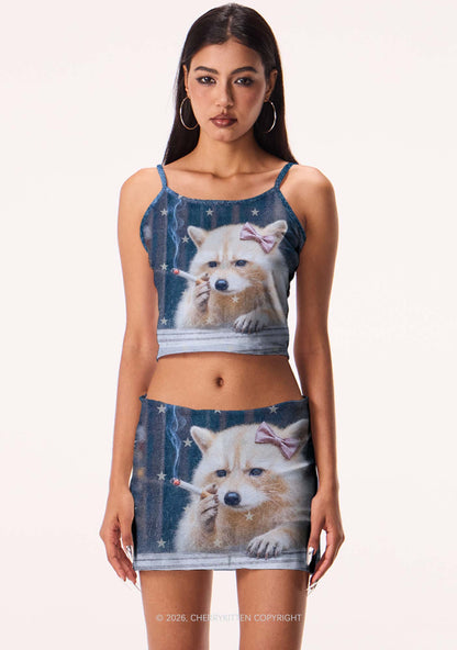 Pink Bow Smoking Raccoon Y2K Print Mini Skirt Cherrykitten