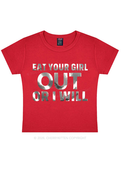 Eat Your Girl Out Silver Foil Printed Y2K Baby Tee Cherrykitten