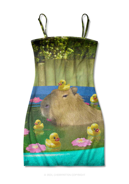Swimming Capybara Y2K Print Slip Dress Cherrykitten