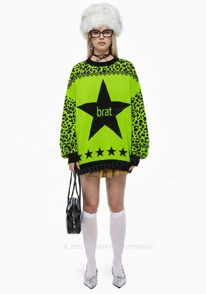 Green Brat Star Y2K Christmas Knit Sweatshirt Cherrykitten