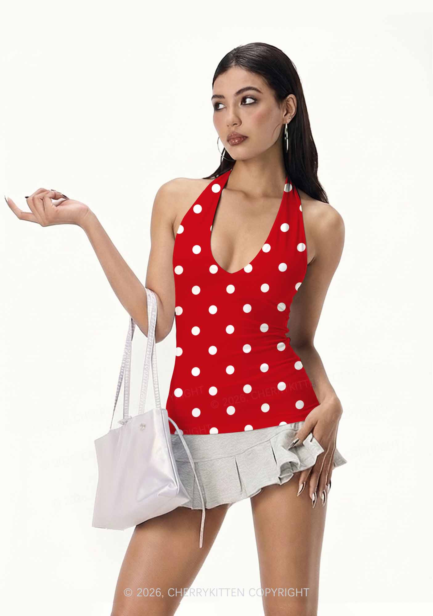 Classic Red Dots Y2K Print Halter Deep V Neck Cami Cherrykitten