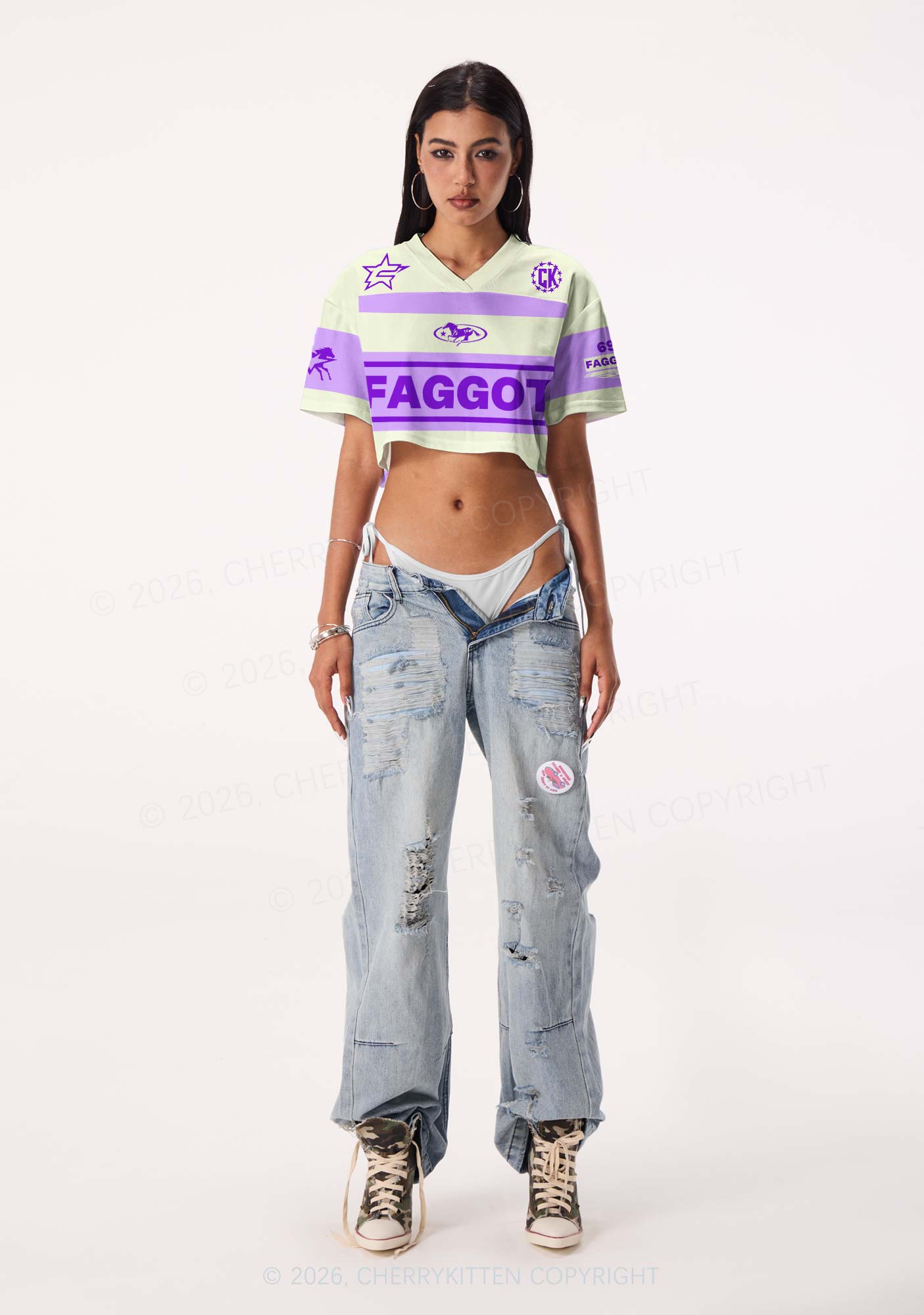 Purple Faggot Stripes Pride Y2K Crop Sport Jersey Shirts Cherrykitten