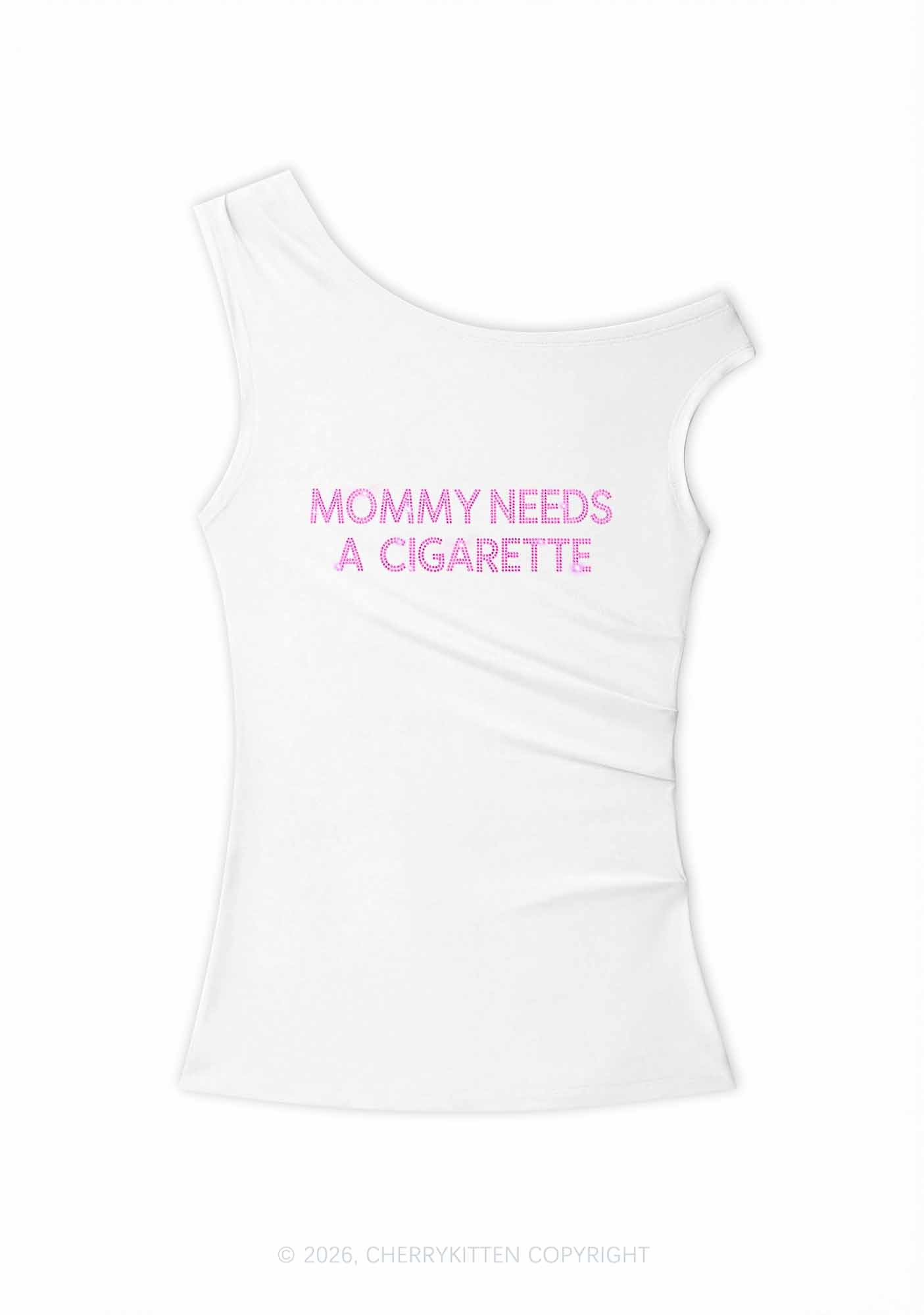 Rhinestone Mommy Needs Cigarette Y2K Off Shoulder Tank Top Cherrykitten