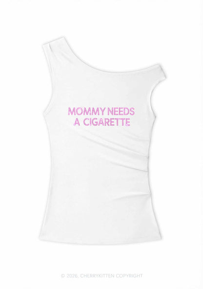 Rhinestone Mommy Needs Cigarette Y2K Off Shoulder Tank Top Cherrykitten