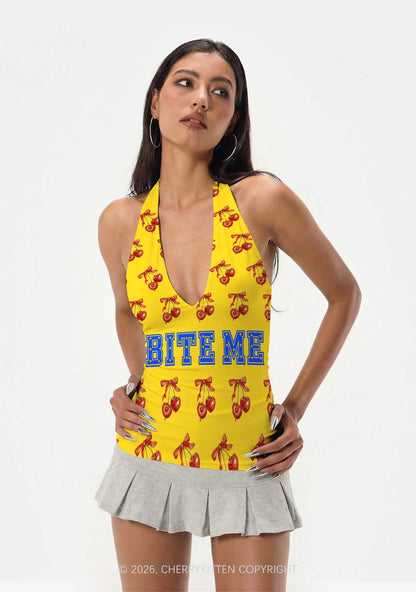 Yellow Bite Me Y2K Print Halter Deep V Neck Cami Cherrykitten