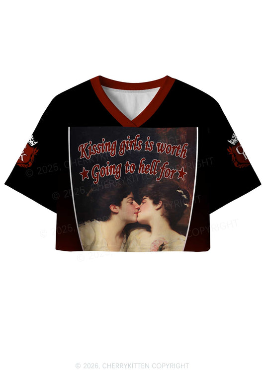 Lesbian Kissing Girls Is Worth Pride Y2K Crop Sport Jersey Shirts Cherrykitten