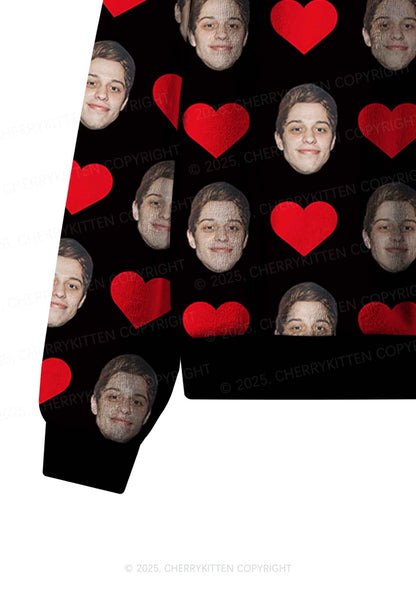 Custom Black Hearts Photo Y2K Valentine's Day Y2K Fleece Long Sleeve Pajama Set Cherrykitten
