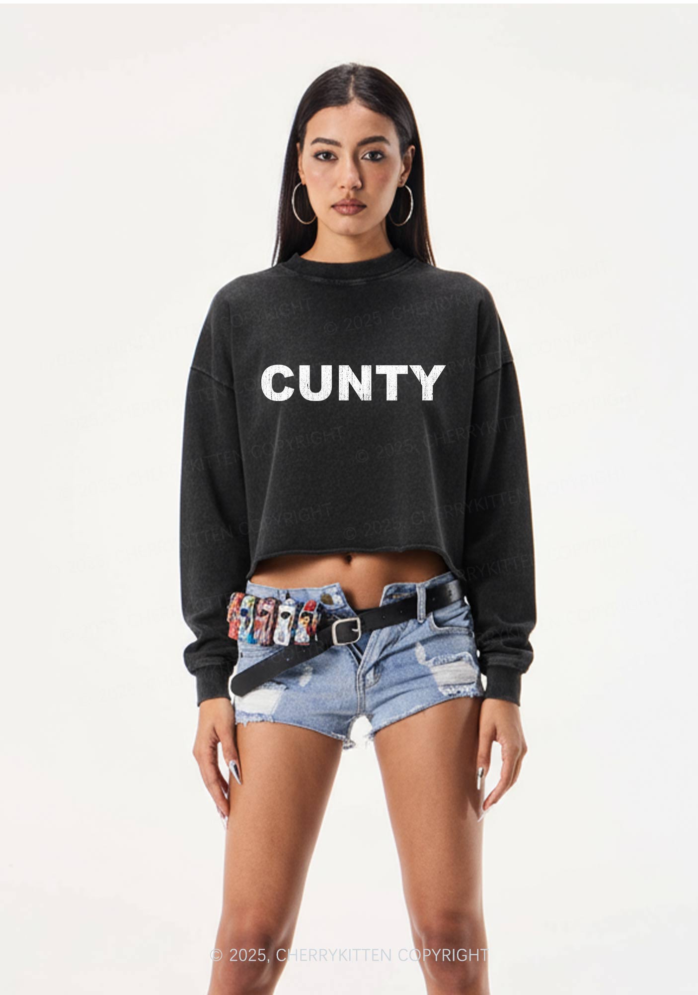 Cunty Y2K Crop Washed Sweatshirts Cherrykitten