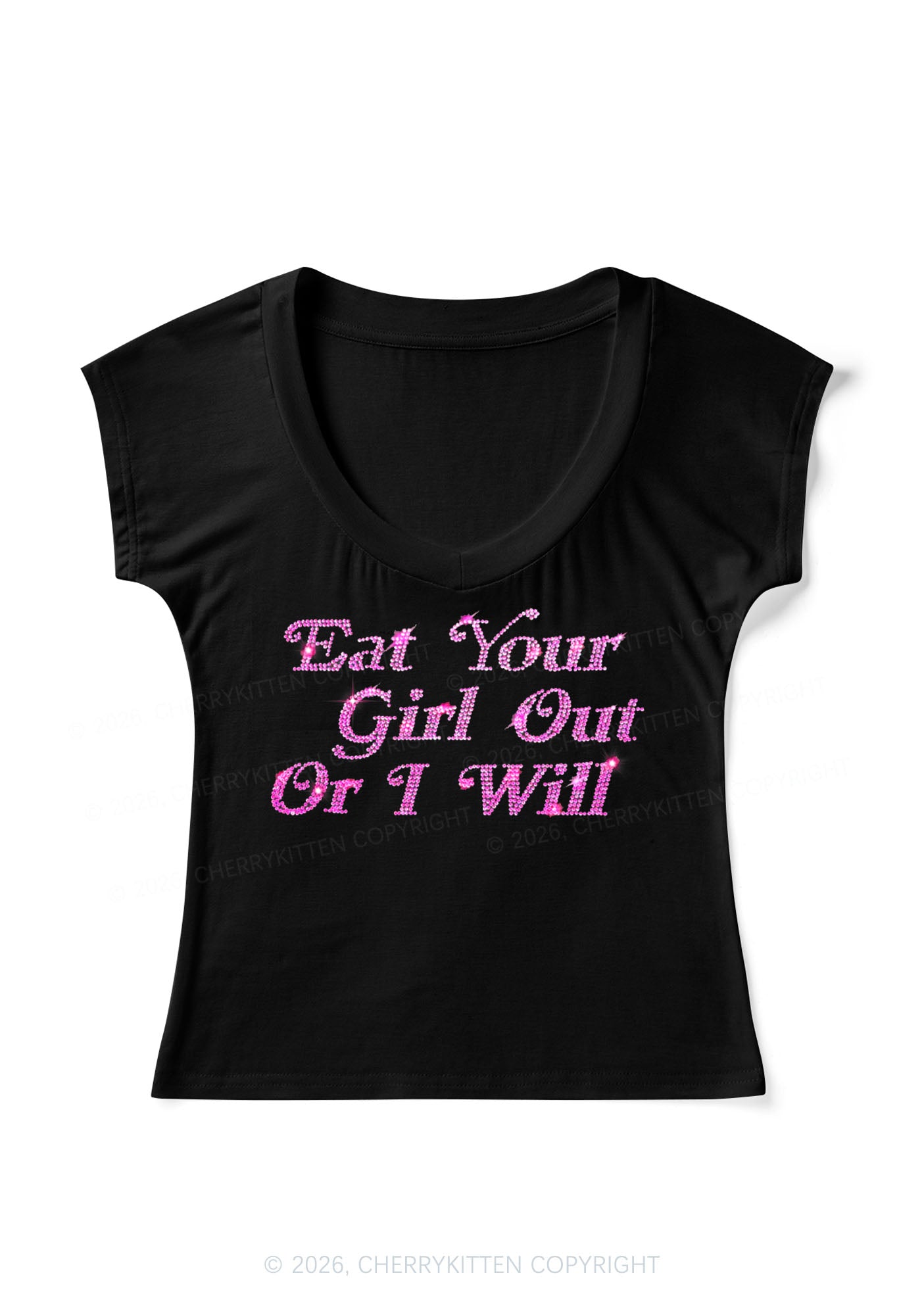 Rhinestone Eat Your Girl Out Y2K V Neck T Shirts Cherrykitten