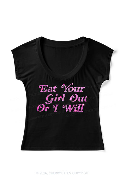 Rhinestone Eat Your Girl Out Y2K V Neck T Shirts Cherrykitten