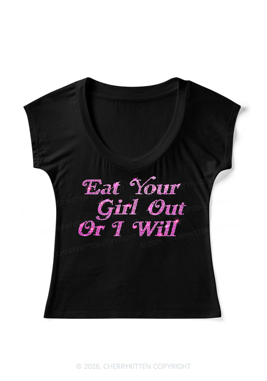 Rhinestone Eat Your Girl Out Y2K V Neck T Shirts Cherrykitten