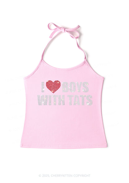 Rhinestone I Love Boys With Tats Y2K Halter Neck Cami Cherrykitten