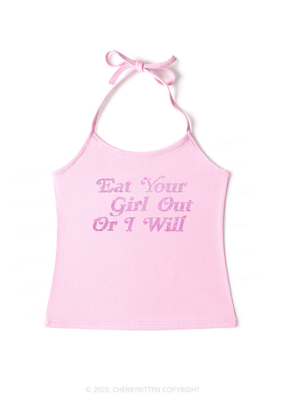 Rhinestone Eat Your Girl Out Y2K Halter Neck Cami Cherrykitten