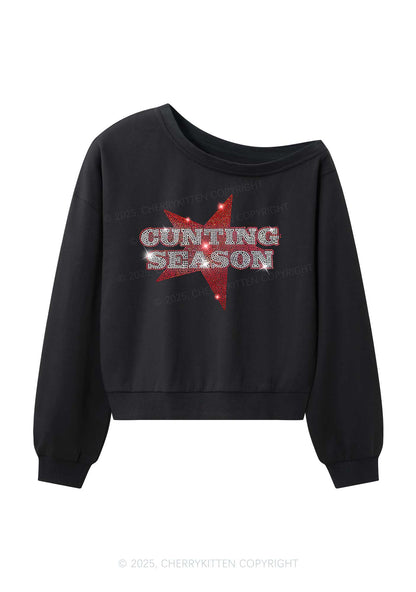 Rhinestone Cunting Season Y2K Off Shoulder Sweatshirts Cherrykitten