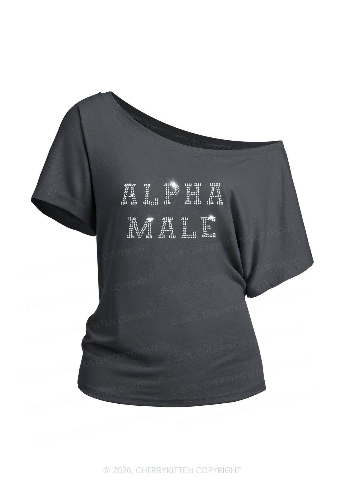 Rhinestone Alpha Male Y2K Off Shoulder Tee Cherrykitten