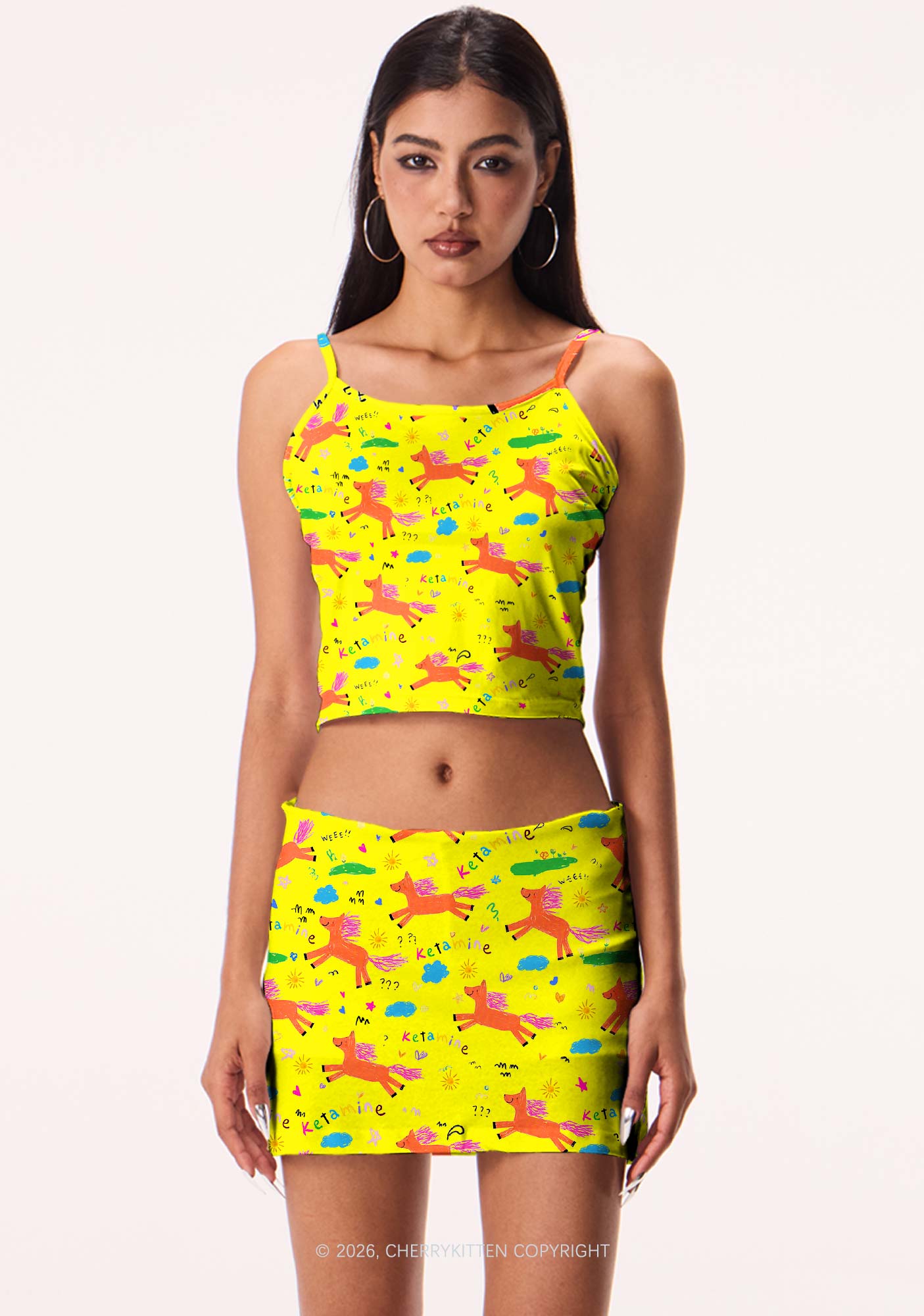 Orange Pony On Yellow Y2K Print Mini Skirt Cherrykitten