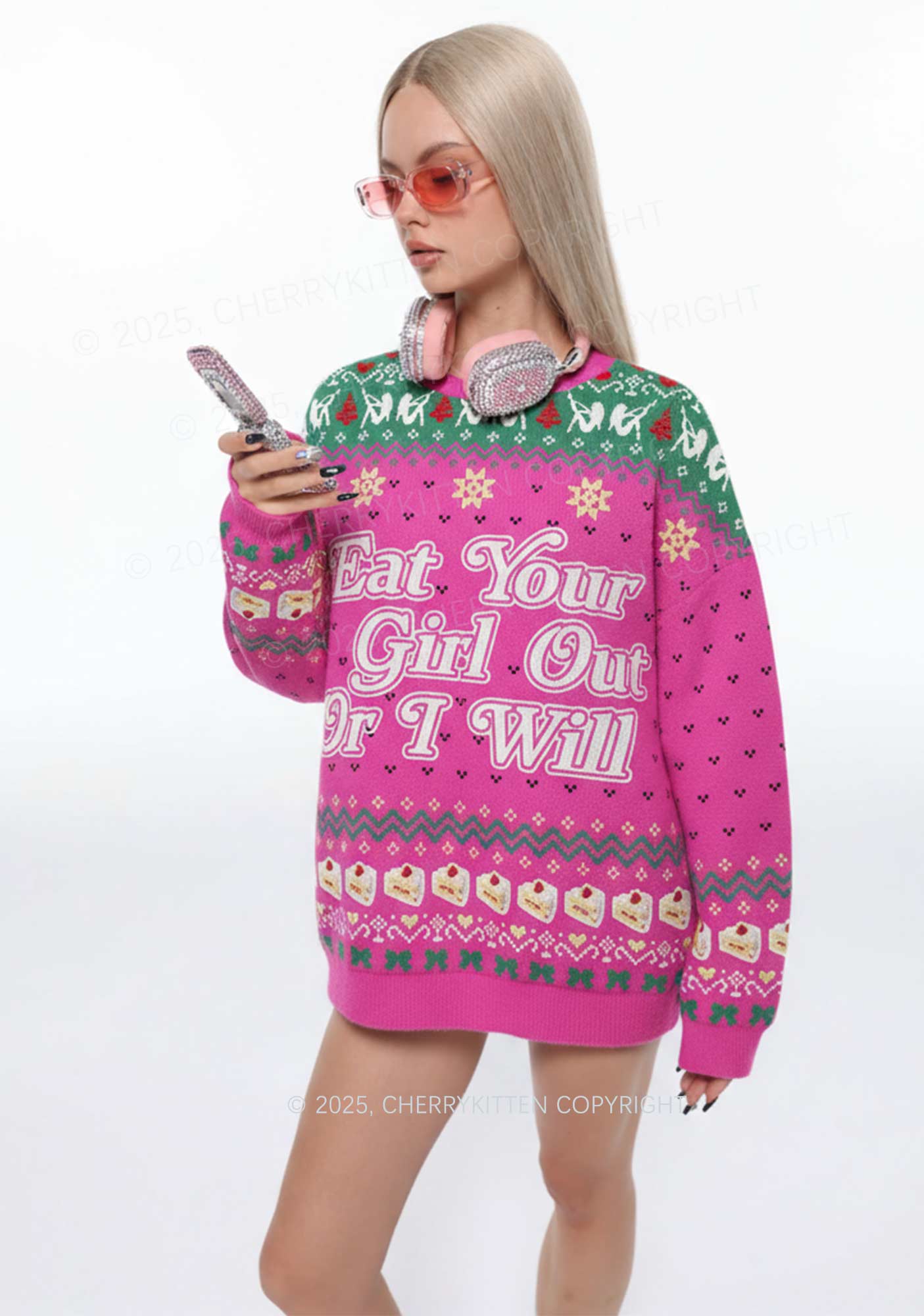 Eat Your Girl Out Pride Y2K Christmas Knit Sweatshirt Cherrykitten