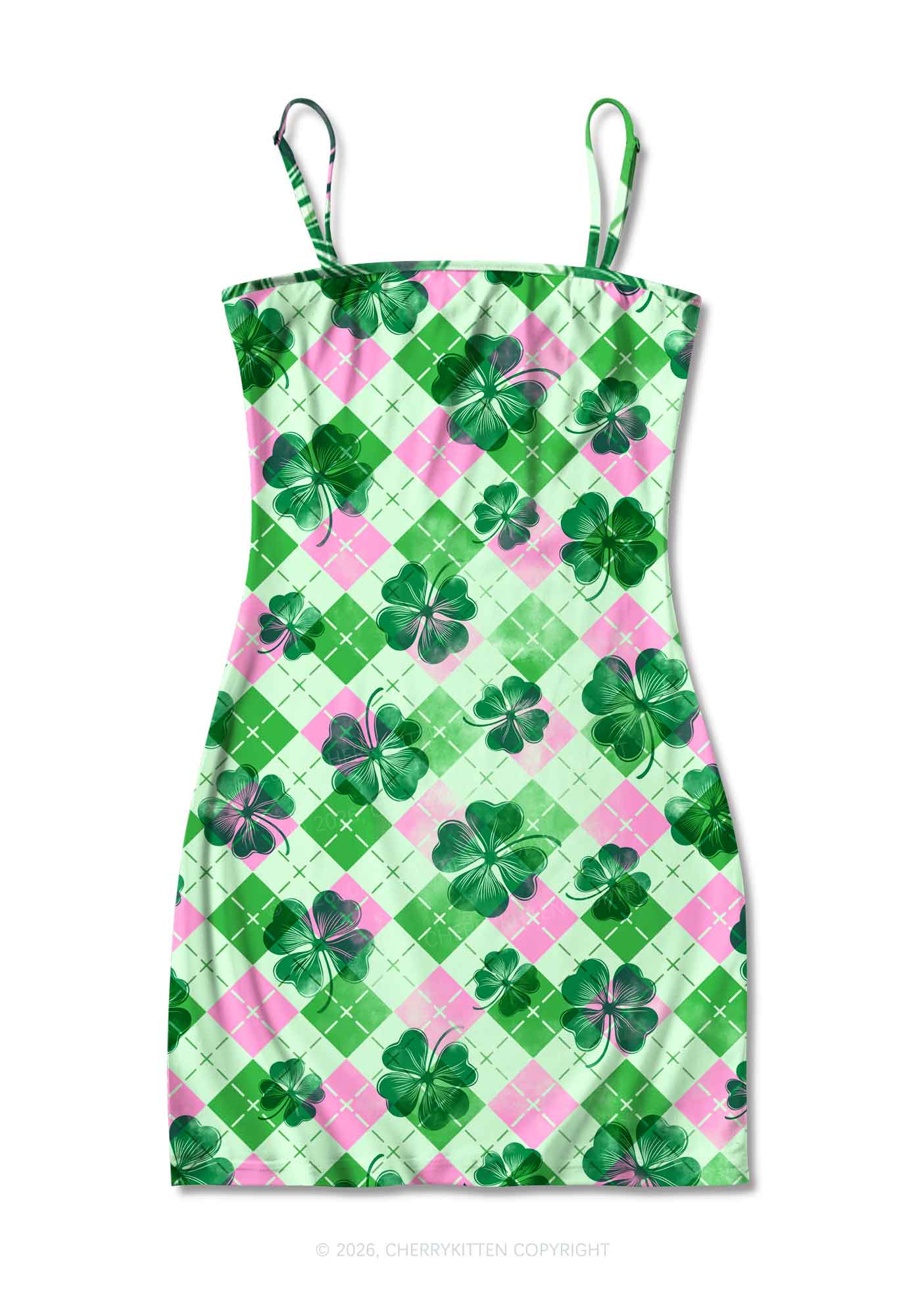 Four Leaf Clover Pink Plaid St Patricks Y2K Print Slip Dress Cherrykitten