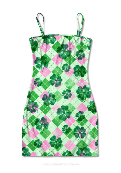 Four Leaf Clover Pink Plaid St Patricks Y2K Print Slip Dress Cherrykitten