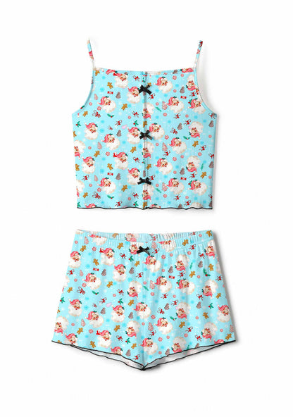 Christmas Blue Santa Y2K Print Cami Shorts Pajama Set Cherrykitten