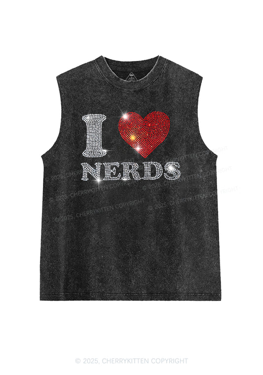 Rhinestone I Love Nerds Y2K Washed Muscle Tank Cherrykitten