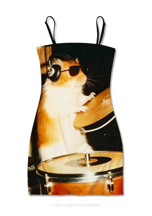 Rats Drummer Y2K Print Slip Dress Cherrykitten
