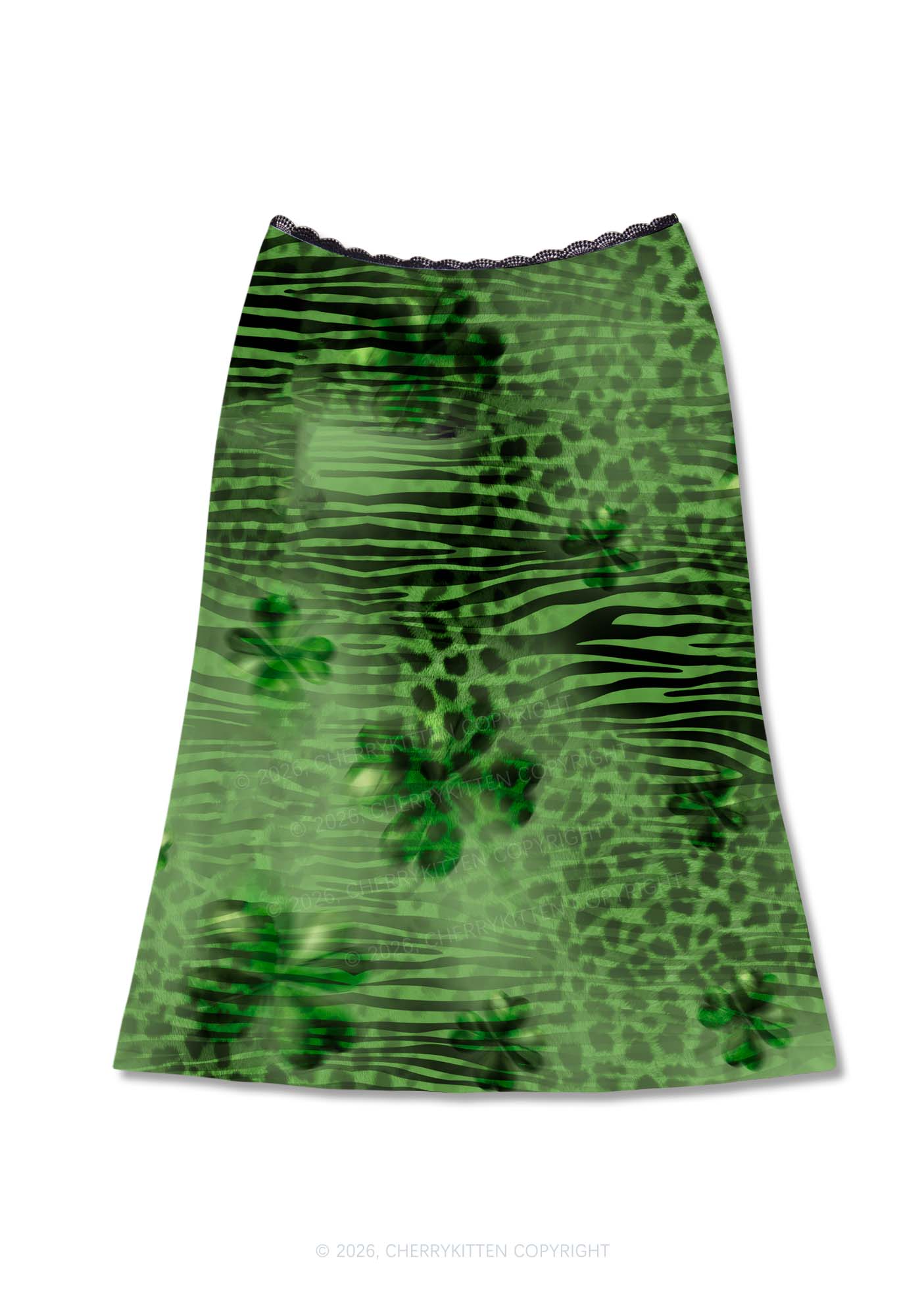 Shamrock Green Leopard St Patricks Y2K Print Midi Skirt Cherrykitten
