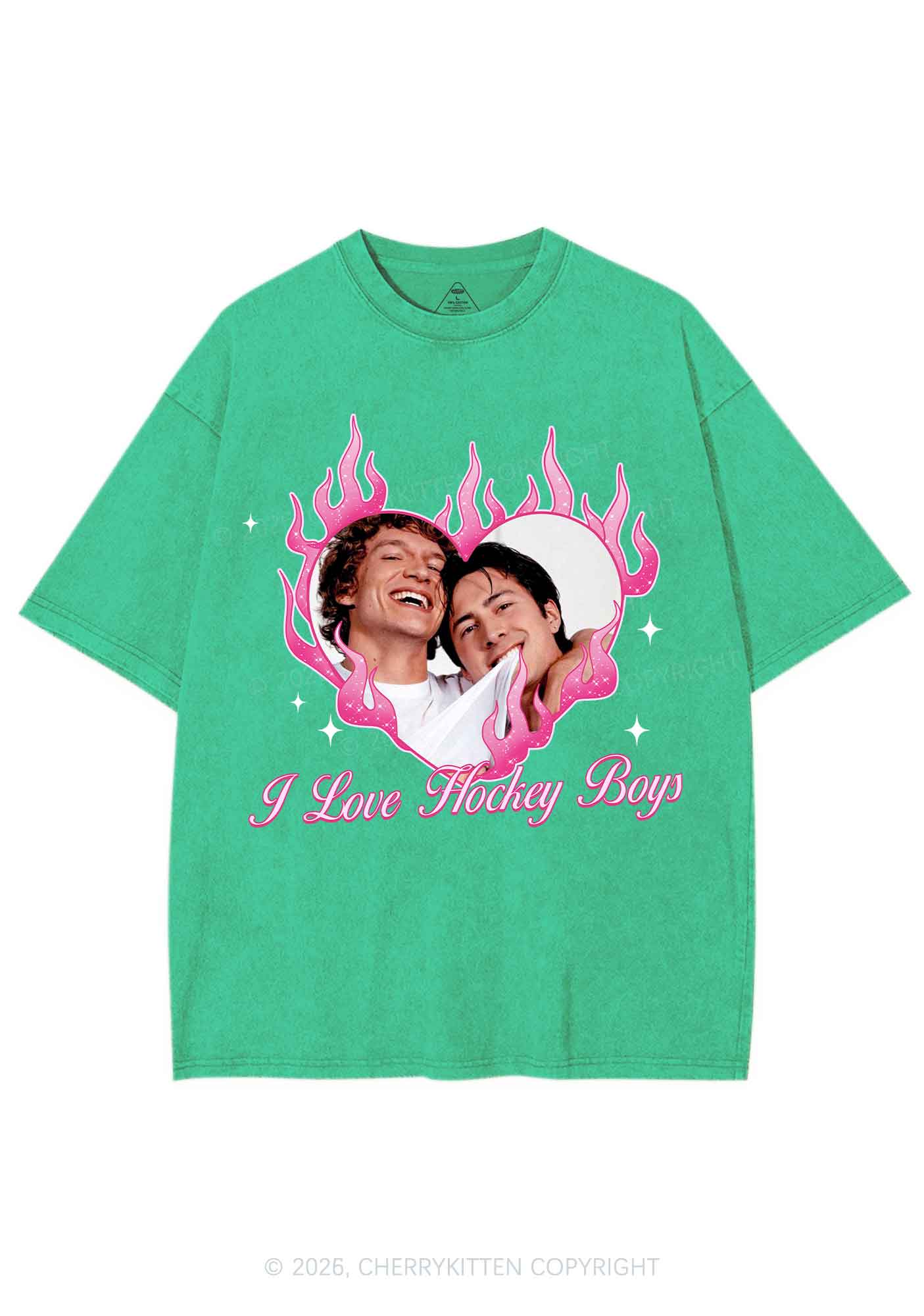 I Love Hockey Boys Pink Heart HR Y2K Shirts Washed Tee Cherrykitten