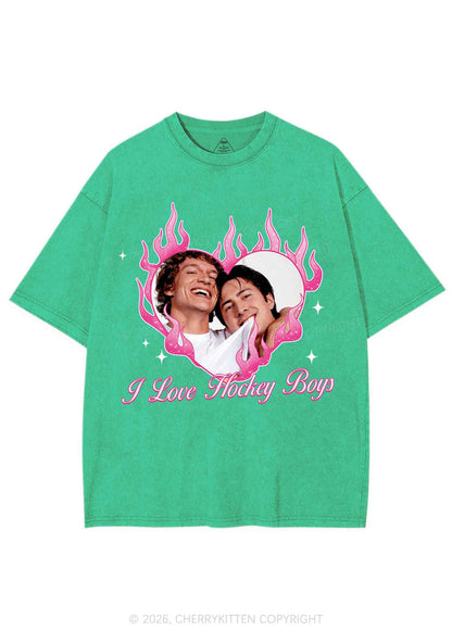 I Love Hockey Boys Pink Heart HR Y2K Shirts Washed Tee Cherrykitten
