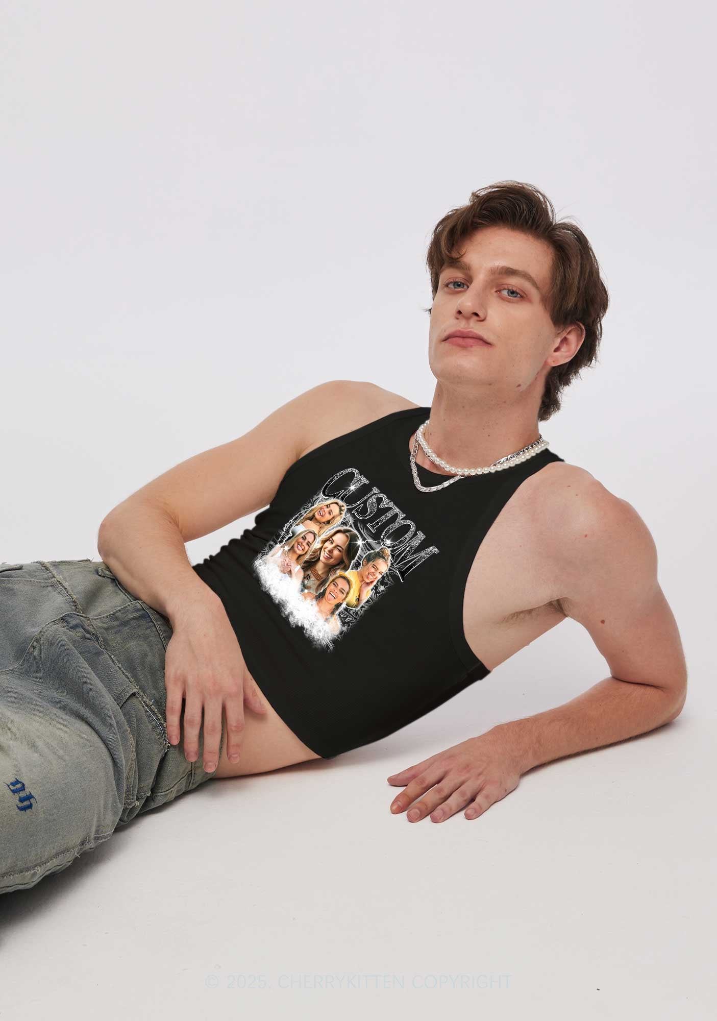 Custom Portrait Glitter Text Y2K Crop Tank Top Cherrykitten