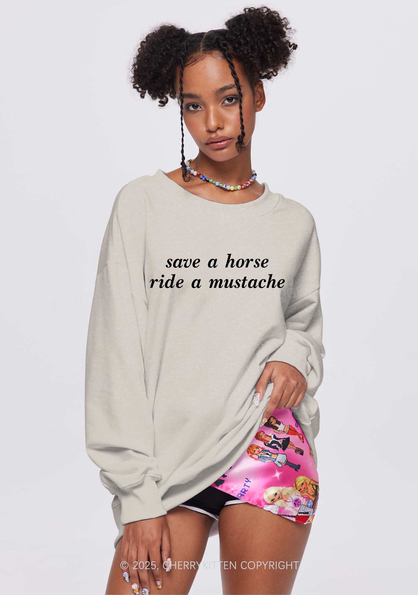 Ride A Mustache Y2K Washed Sweatshirts Cherrykitten
