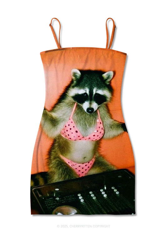 Bikini DJ Raccoon Y2K Print Slip Dress Cherrykitten