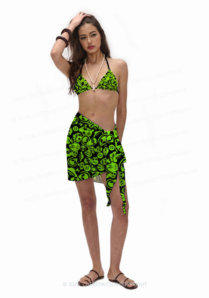 Green Alien Doodle Y2K Print Bikini Set Cherrykitten