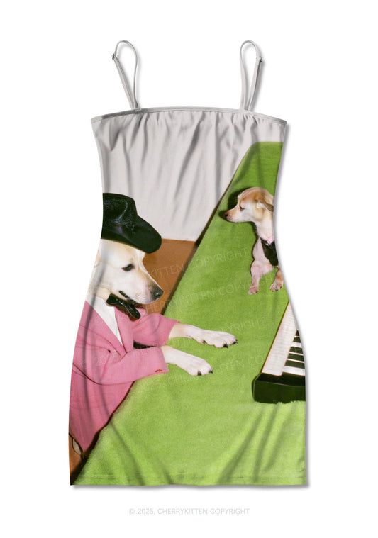 Piano Pups Y2K Print Slip Dress Cherrykitten