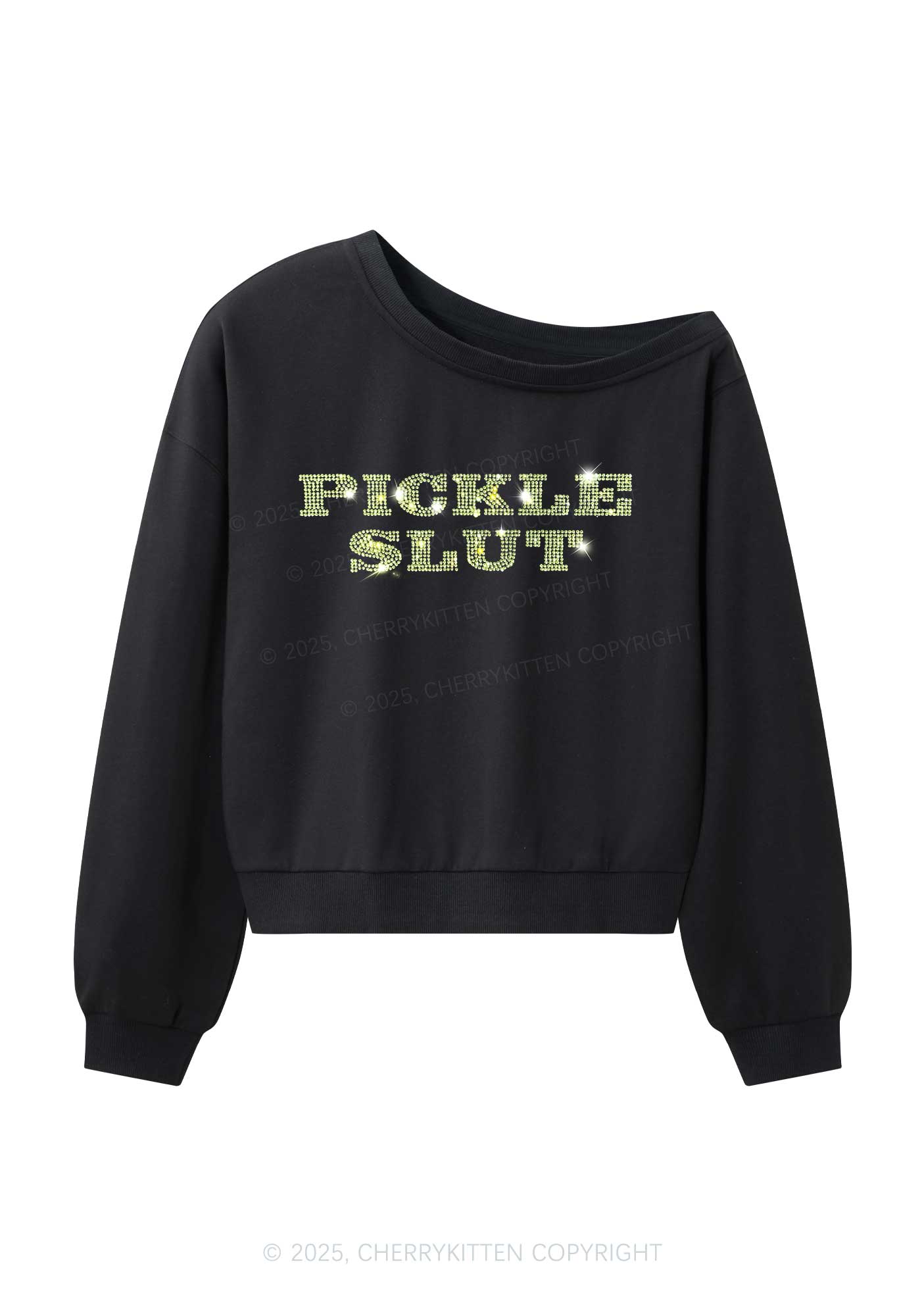 Rhinestone Pickle Slxt Y2K Off Shoulder Sweatshirts Cherrykitten