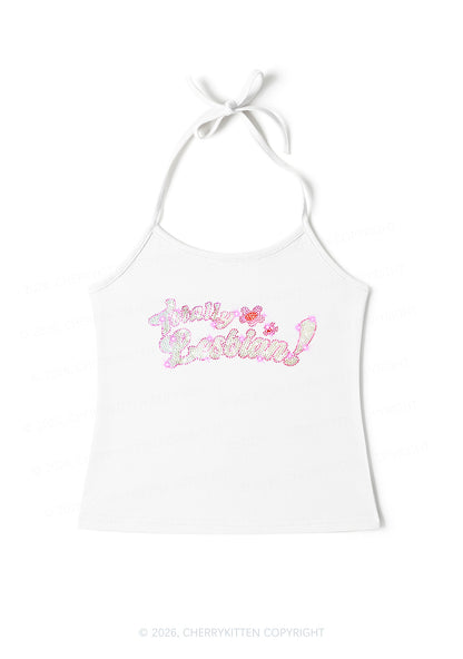 Rhinestone Totally Lesbian Pride Y2K Halter Neck Cami Cherrykitten