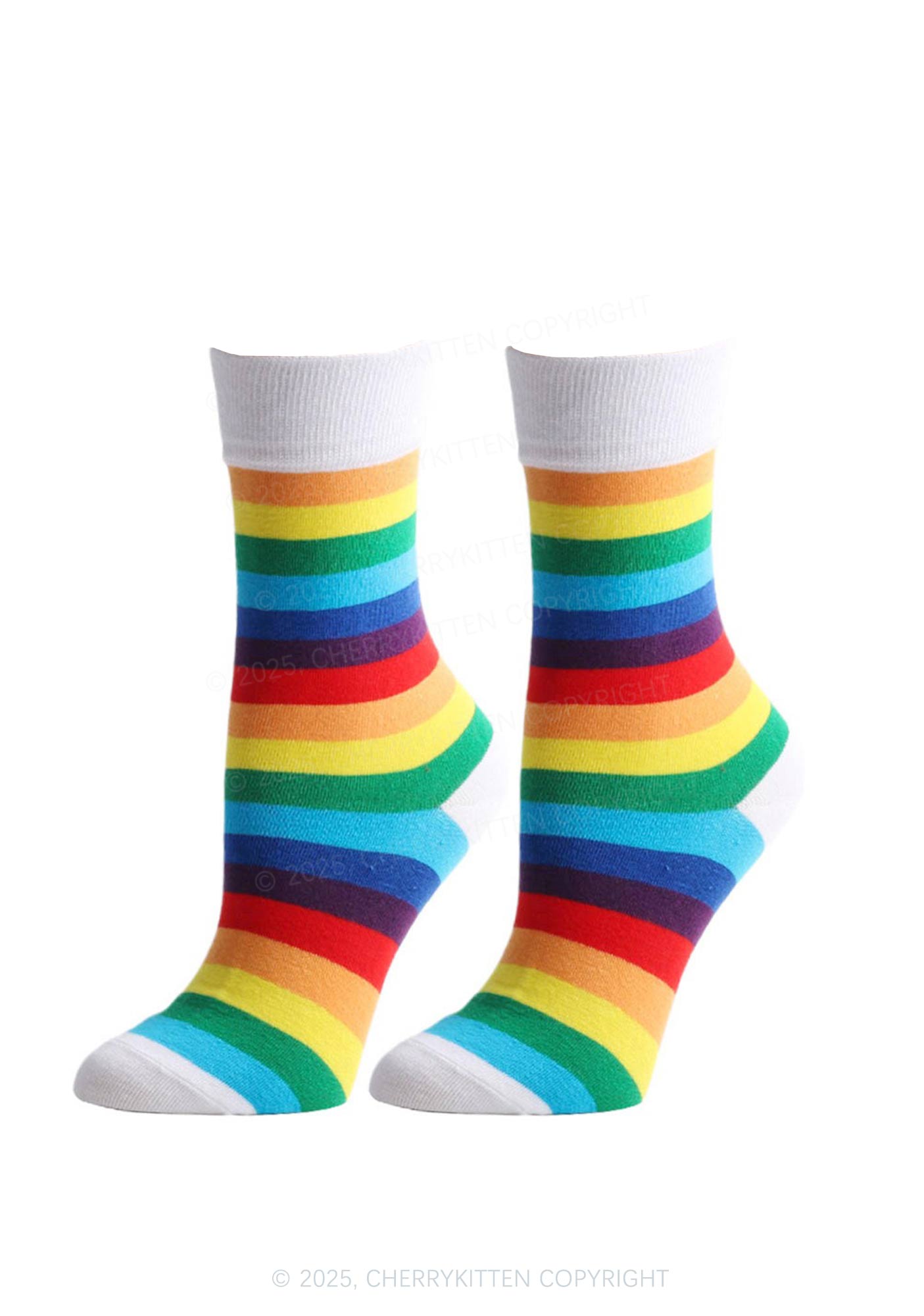 Rainbow Striped Pride Y2K Mid Calf Socks Cherrykitten