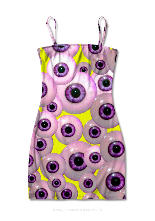 Halloween Purple Eyeballs Y2K Print Slip Dress Cherrykitten