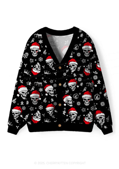 Skull Santa Y2K Christmas Cardigan Knit Sweatshirt Cherrykitten