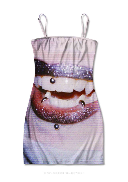 Halloween Punk Lips Y2K Print Slip Dress Cherrykitten
