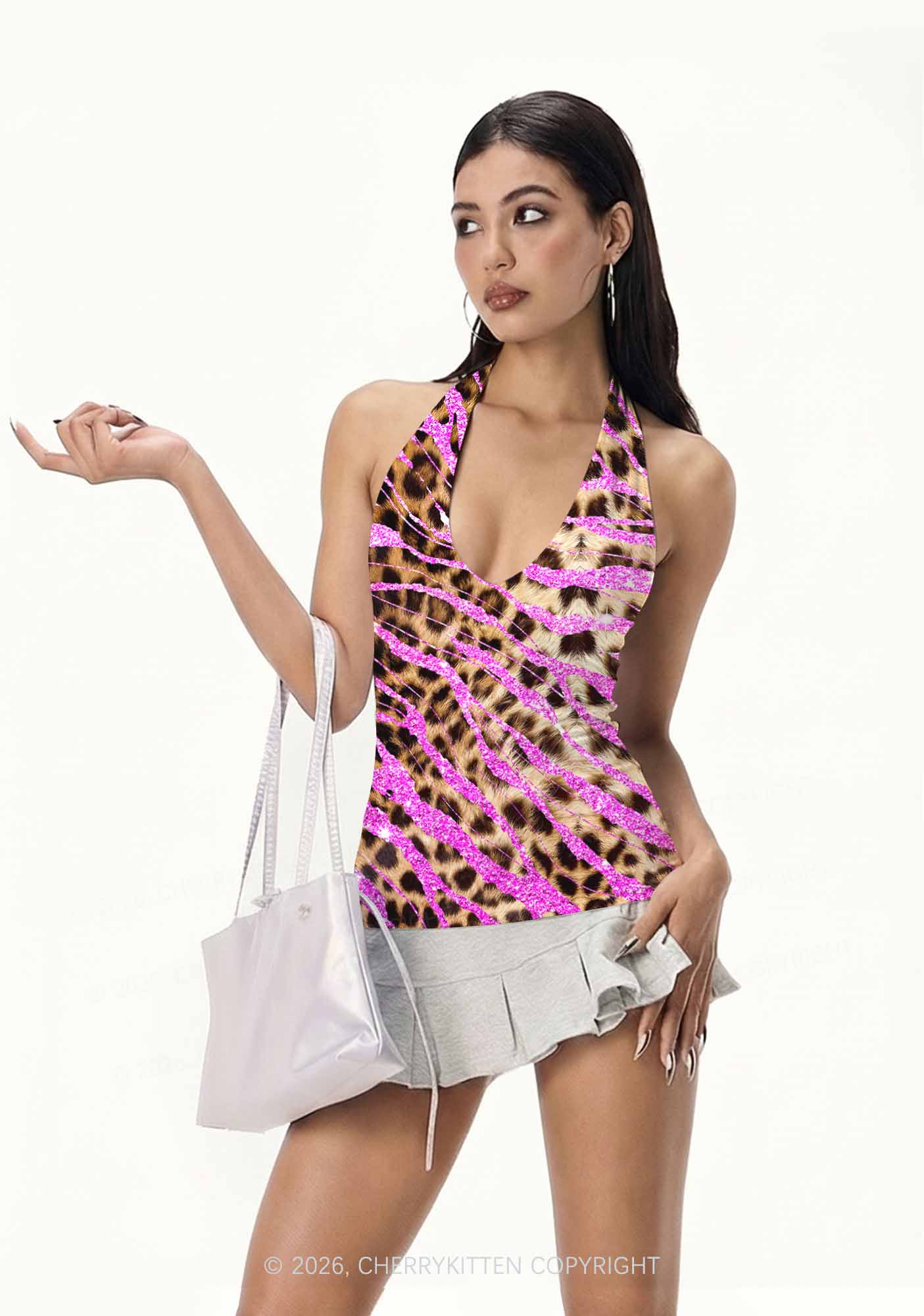 Sparkle Pink Leopard Y2K Print Halter Deep V Neck Cami Cherrykitten