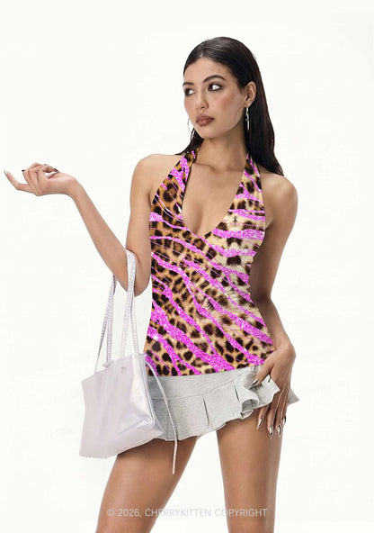 Sparkle Pink Leopard Y2K Print Halter Deep V Neck Cami Cherrykitten
