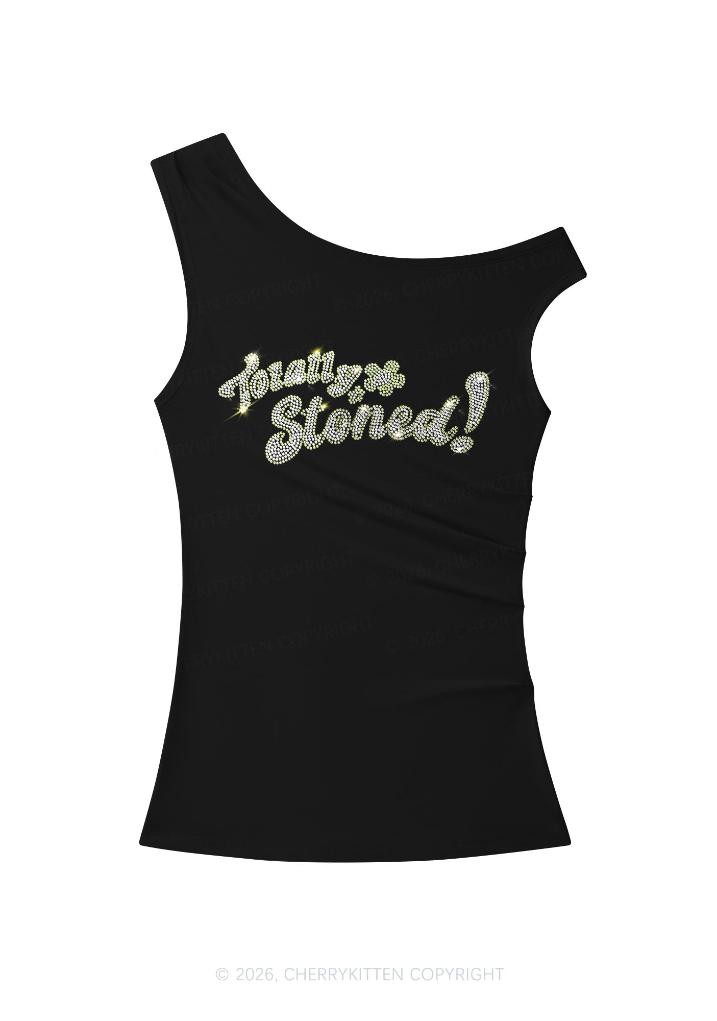 Rhinestone Totally Stoned Y2K Off Shoulder Tank Top Cherrykitten