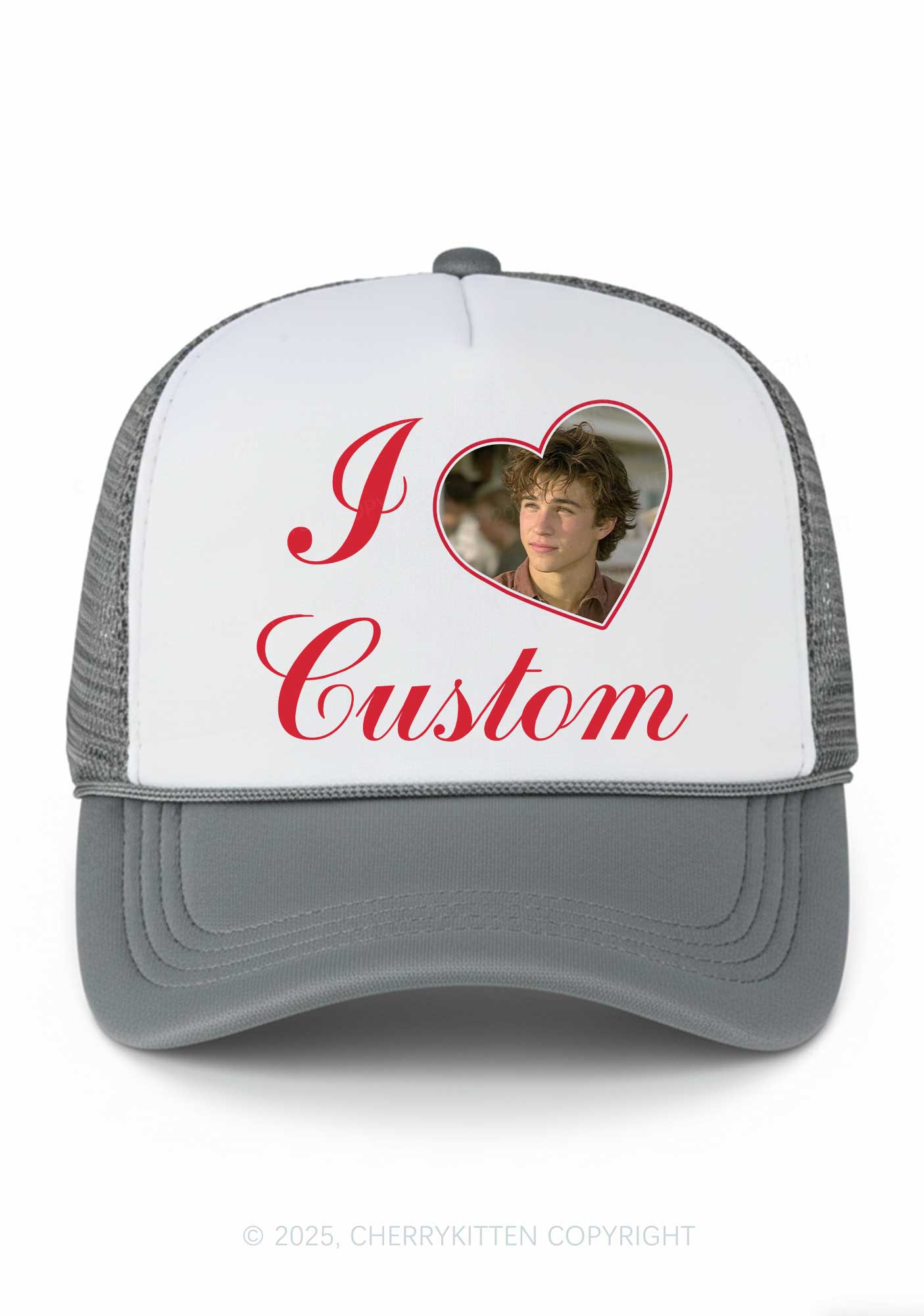 I Love Custom Photo Valentine's Day Y2K Colorblock Trucker Hat Cherrykitten