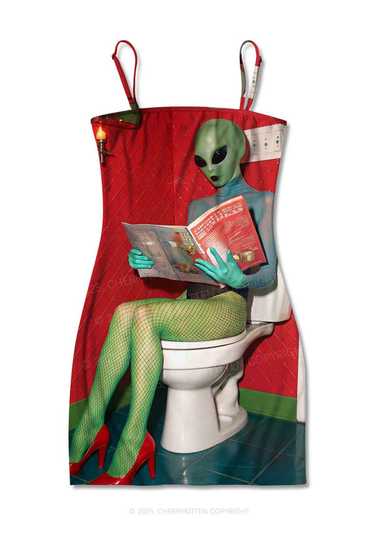 Halloween Alien On Toilet Y2K Print Slip Dress Cherrykitten