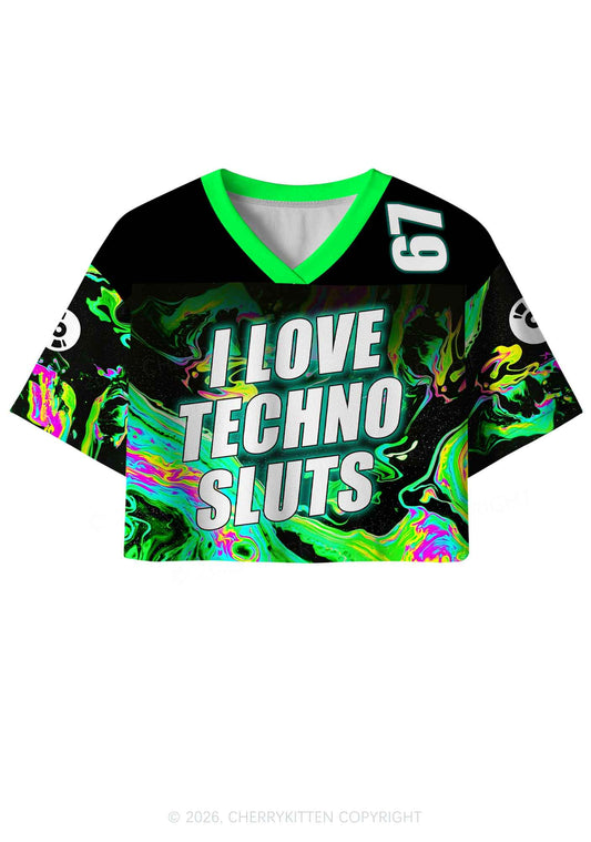 Green Liquid Swirl I Love Techno Slxts Y2K Crop Sport Jersey Shirts Cherrykitten