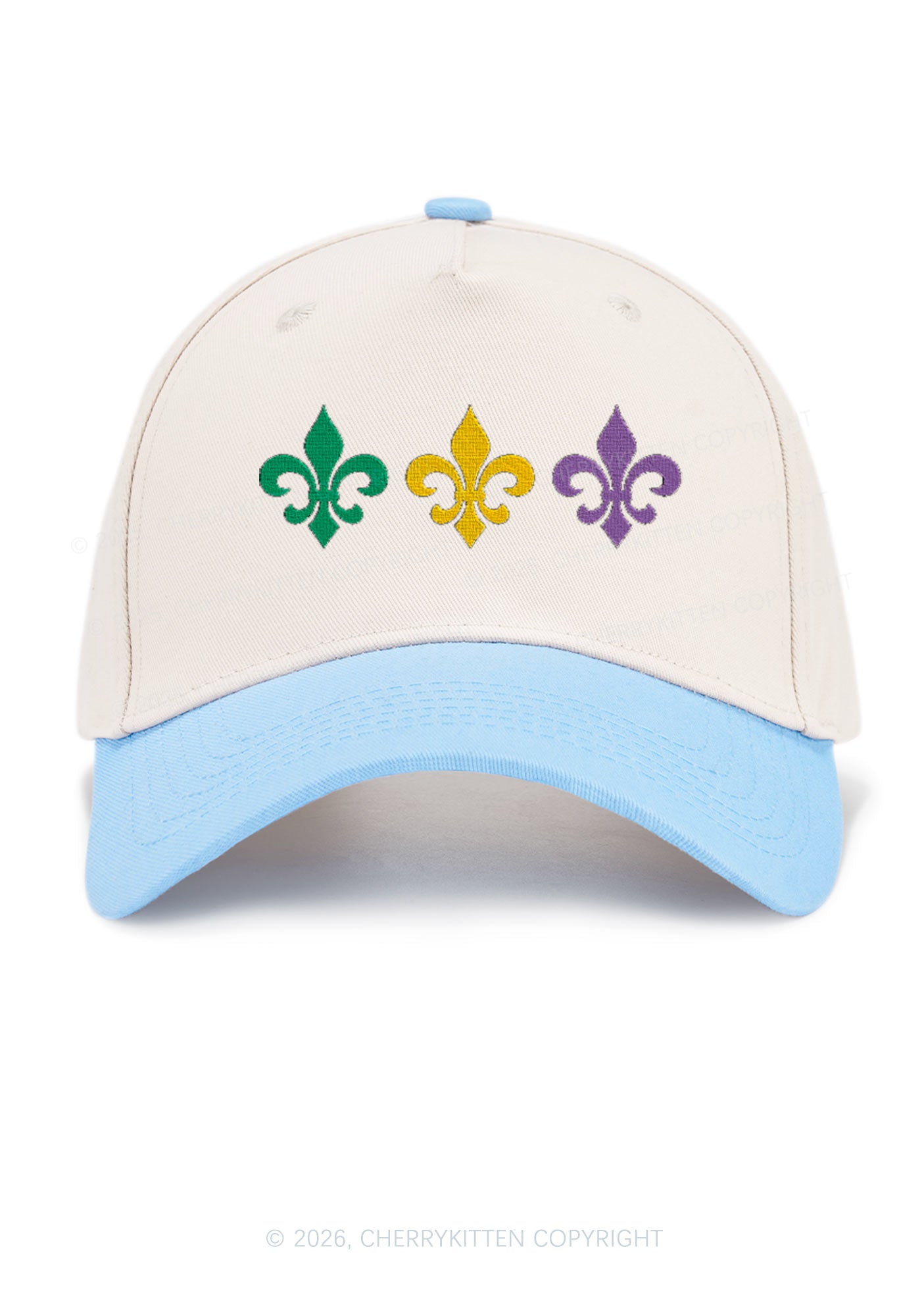 Embroidered Mardi Gras Fleur De Lis Trio Y2K Color Block Baseball Cap Cherrykitten